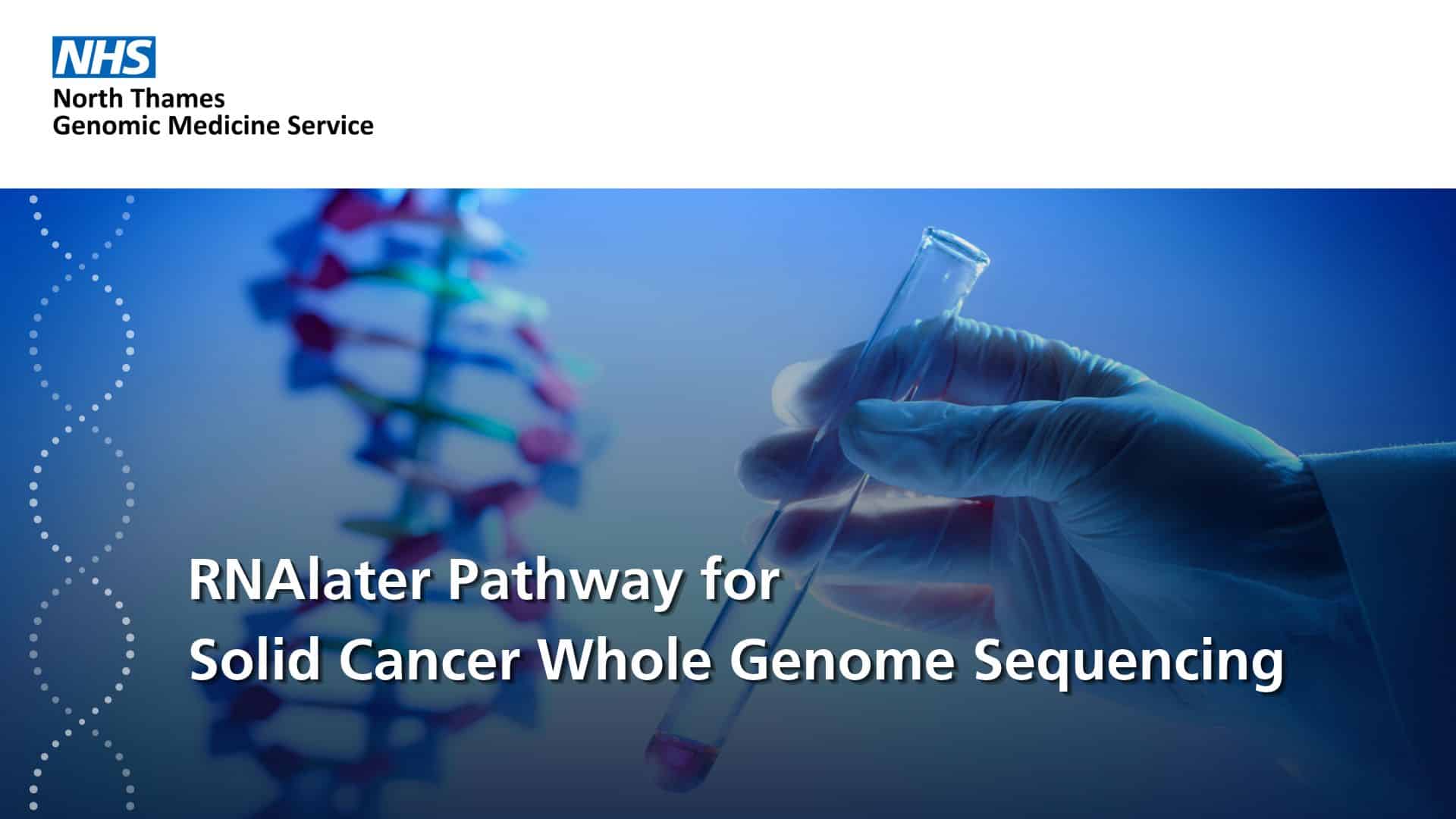 Title text, and DNA helix and a hand holding a test tube in the background