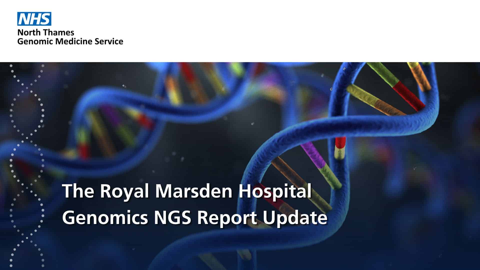Banner with text: RMH Genomics NGS Report Update, and DNA background